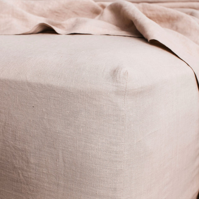 Linen Fitted Sheet - Blush. Sizes: Queen, King, Extra Deep King