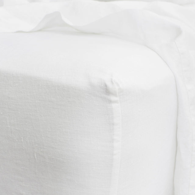 Linen Fitted Sheet - White. Sizes: Queen, King, Extra Deep King, Super King