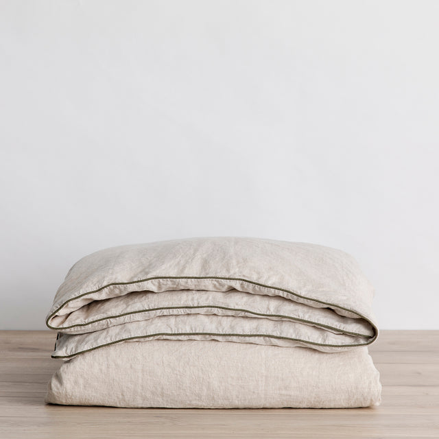 Piped Linen Duvet Cover - Natural and Forest. Size: Queen, King