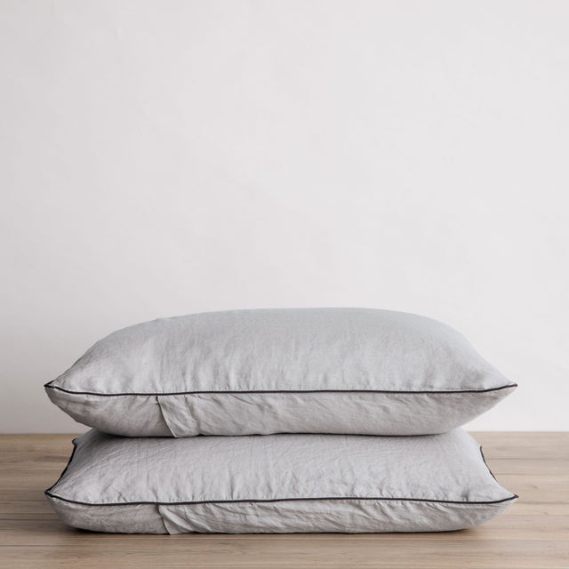 Set of 2 Piped Linen Pillowcases - Smoke and Slate. Sizes: Standard, King