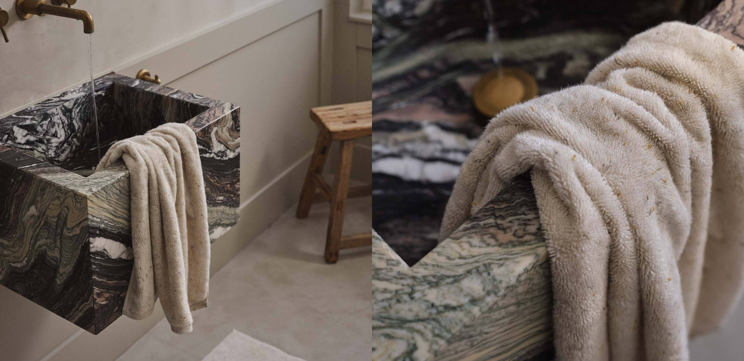 Stack of Denim Bath Towels and Natural Linen Bath Towels