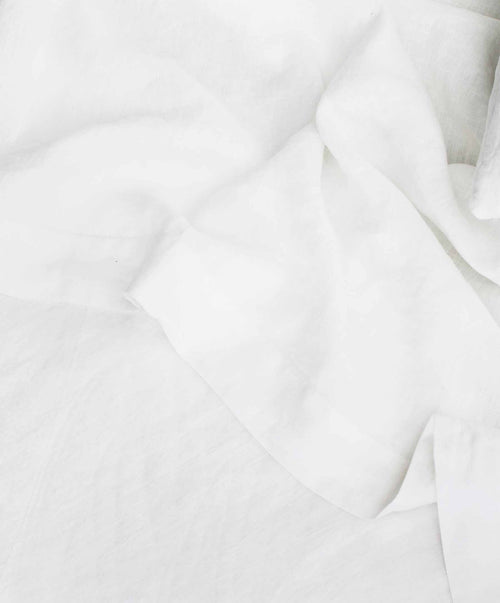 Close up of the white linen flat sheet with border.