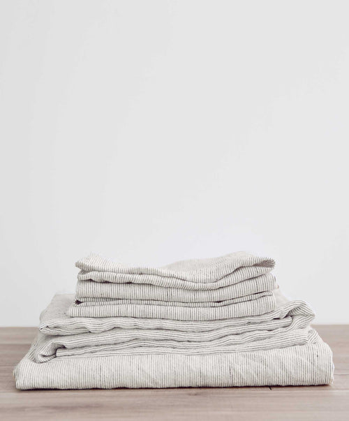 SHEET SET SINGLE - Pinstripe UK folded natural linen with breathable texture in soft sustainable fabric The beauty of home