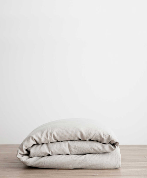 Bedroom Edit - Sage & Smoke Grey folded linen duvet cover in soft natural tones with breathable European Flax linen The beauty of home