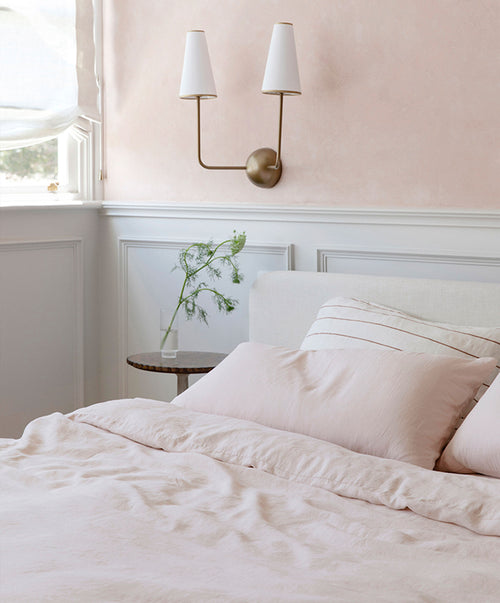 Bedroom Edit - Blush & Cedar Stripe in soft linen with delicate stripes, styled for serene, natural luxury The beauty of home