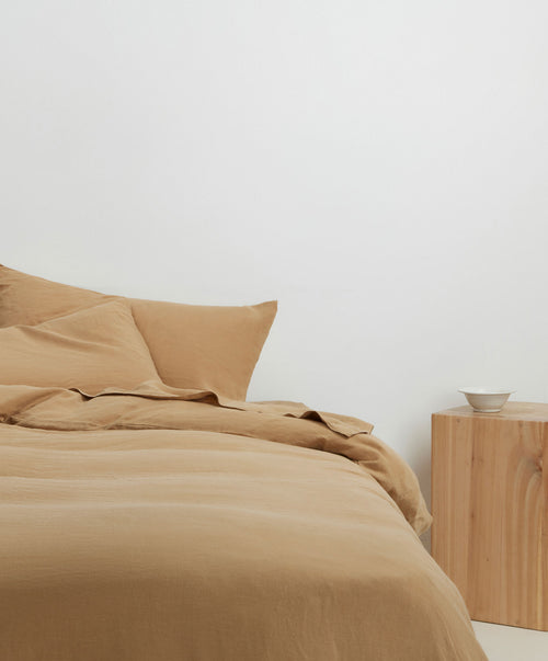 Linen Duvet Cover Set - Sand on bed with soft texture and natural breathable European Flax™ linen The beauty of home