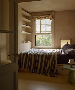 Bedroom Edit - Enzo & Slate striped linen bedding in warm natural light with elegant soft textures The beauty of home