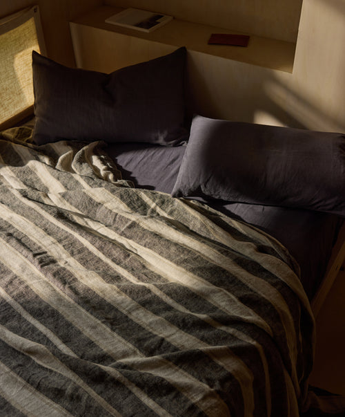 Bedroom Edit - Enzo & Slate striped linen bedding set in soft natural hues with cozy pillow accents The beauty of home