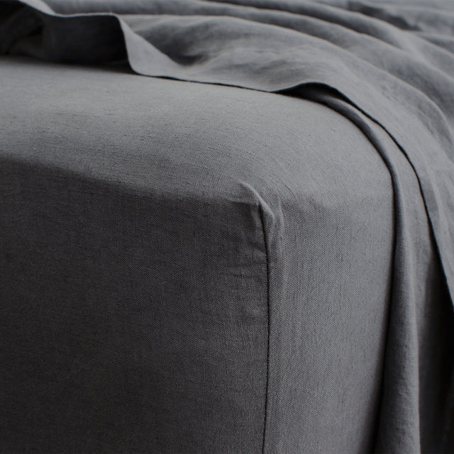 Linen Fitted Sheet - Slate. Sizes: Queen, King