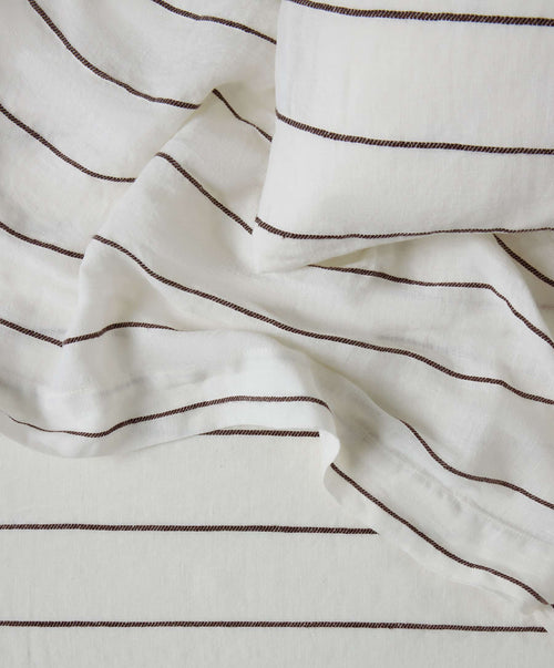 Linen Flat Sheet with Border - Truffle Stripe