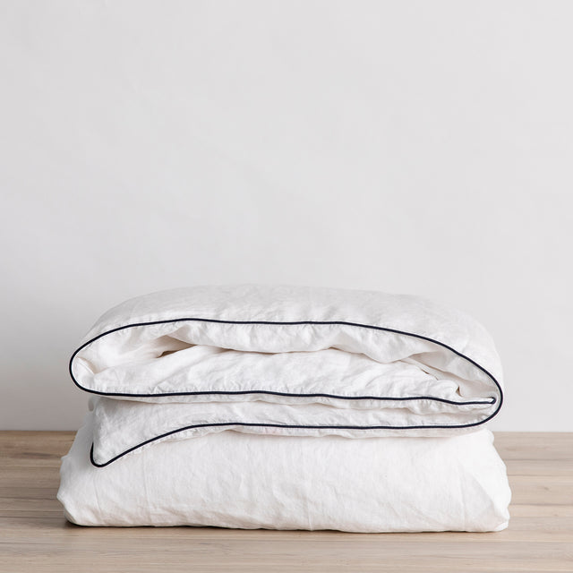 Piped Linen Duvet Cover - White and Navy