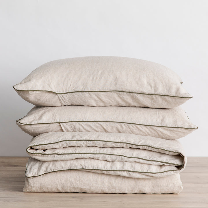 Piped Linen Duvet Cover Set - Natural and Forest