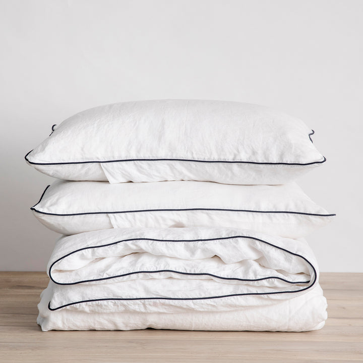 Piped Linen Duvet Cover Set - White and Navy