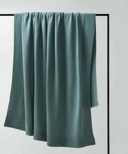 Teal towel draped over a black rack on a light gray background