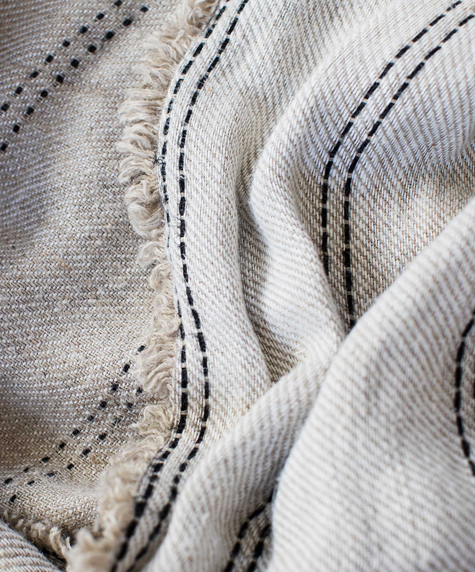 A close up of the mira throw, highlighting its black stitching detail. 