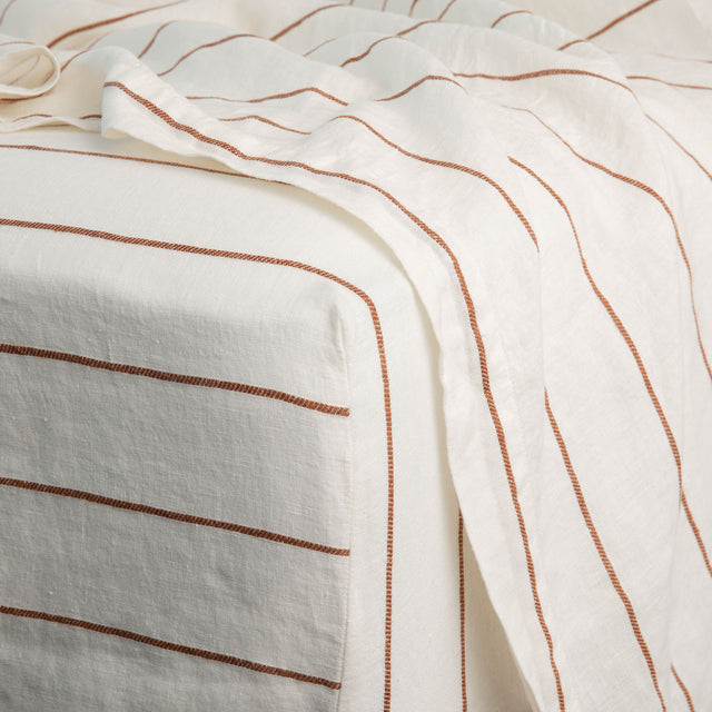 Linen Fitted Sheet - Cedar Stripe. Sizes: Queen, King
