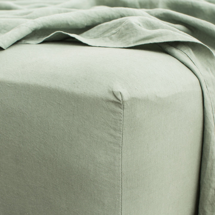 Linen Fitted Sheet - Sage. Sizes: Queen, King