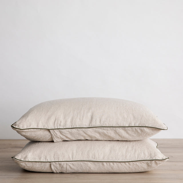 Set of 2 Piped Linen Pillowcases - Natural and Forest