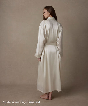 Model wearing size S-M Ivory Silk Robe