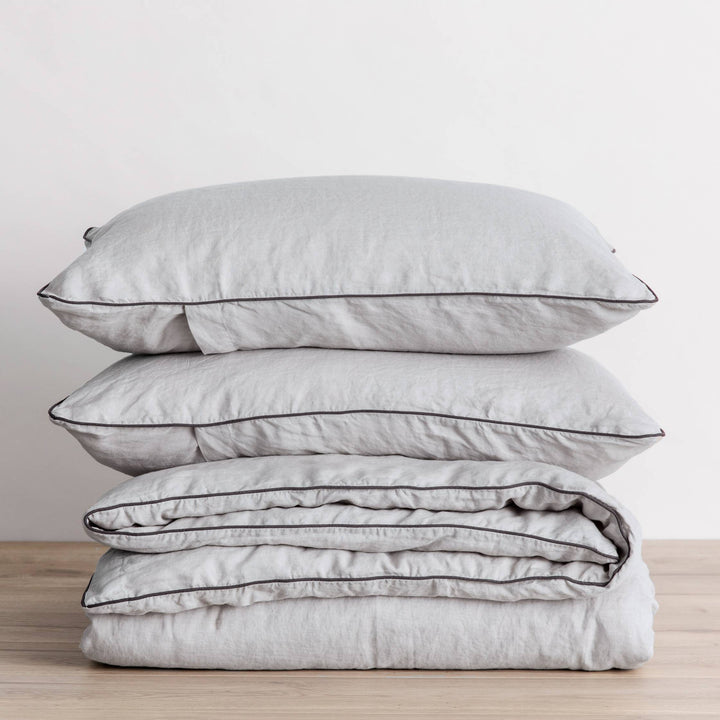 Piped Linen Duvet Cover Set - Smoke Grey and Slate
