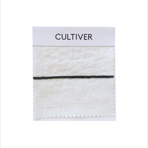 A Complimentary Swatch Card - Truffle Stripe features a white linen fabric with a black horizontal stripe, displayed on a CULTIVER-labeled card—ideal for sampling stylish home decor options.