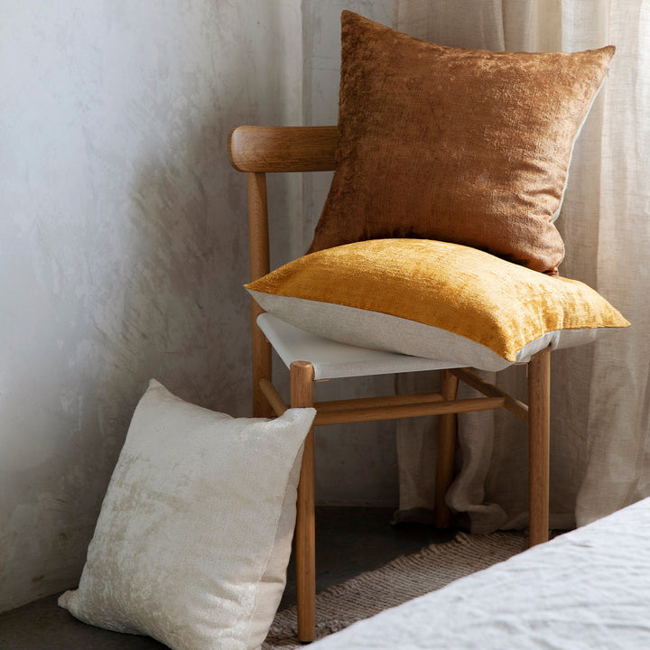 Talik Velvet Cushions in Fawn, Cream and Mustard styled with a wooden chair. Size: 50 x 50cm, 60 x 40cm