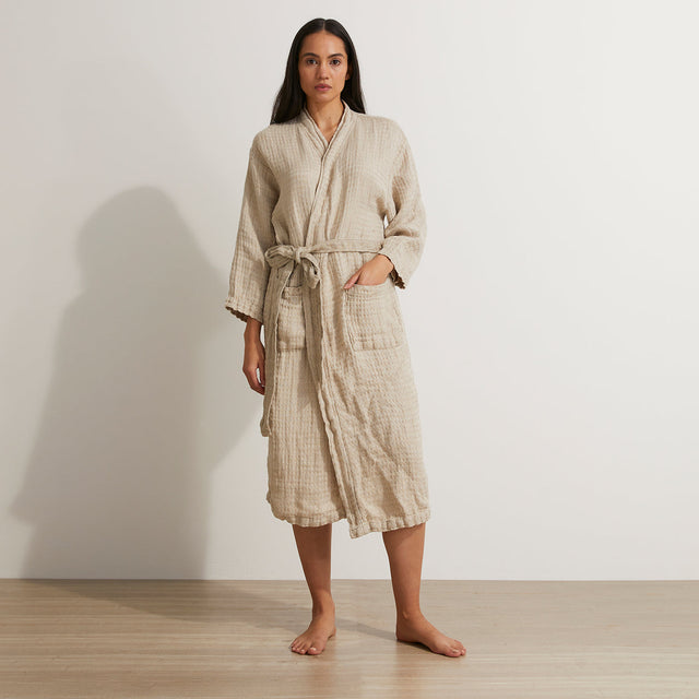 Front view of Linen waffle robe in Natural. Sizes: S/M and M/L