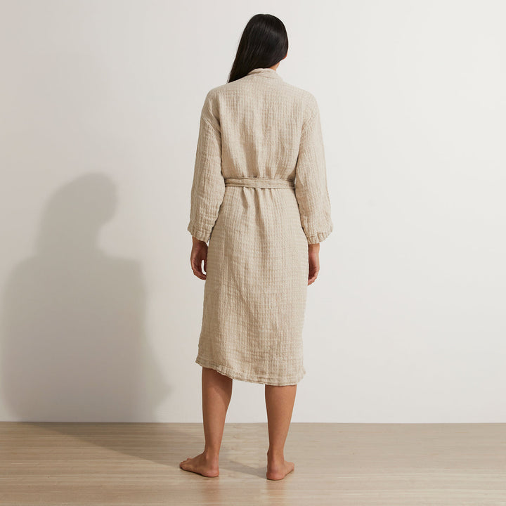 Back view of Linen waffle robe in Natural. Sizes: S/M and M/L