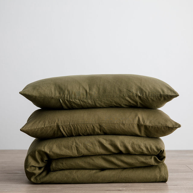 Linen Duvet Cover Set - Olive. Size: Single, Double, Queen