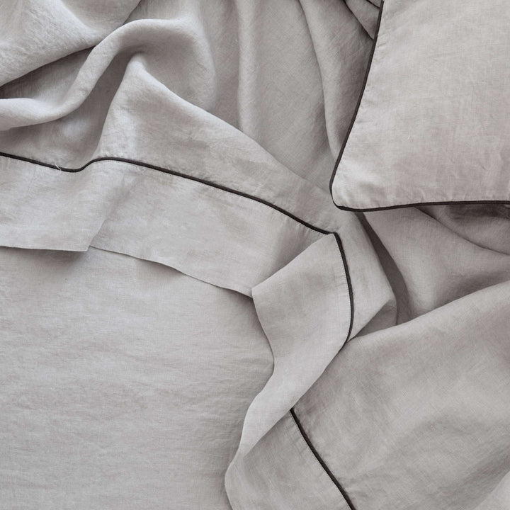 Piped Linen Flat Sheet - Smoke Grey and Slate